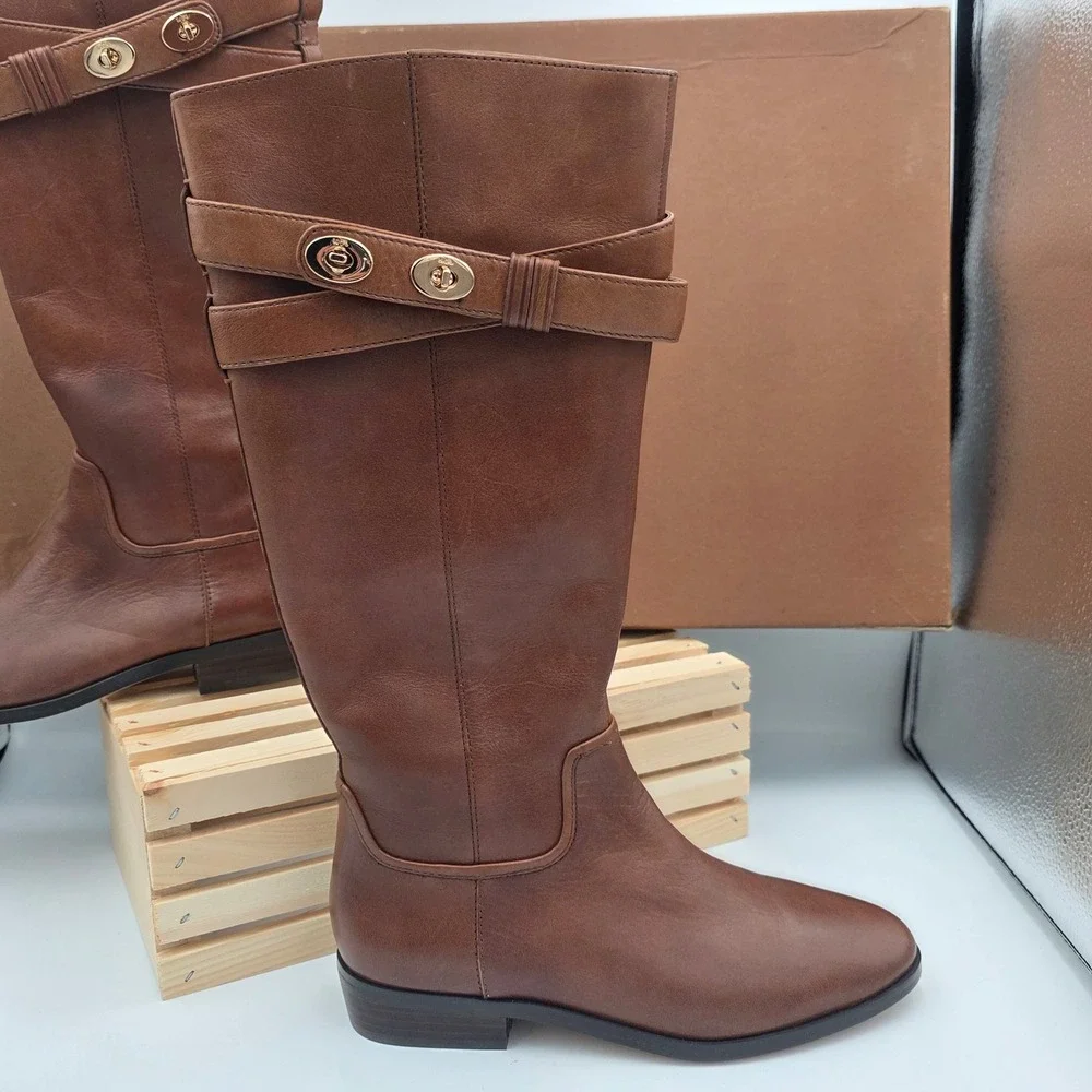Coach Linette Cognac Leather Tall Riding Boots‎ 5B Turnlock Detail Q7180 Womens